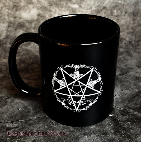 Hexenshop Dark Phönix Schwarze Tee- oder Kaffeetasse mit weißem Pentagramm